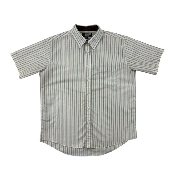 VTG Anchor Blue White Brown Striped Button Up Short‎ Sleeve Shirt Sz M - Picture 1 of 7